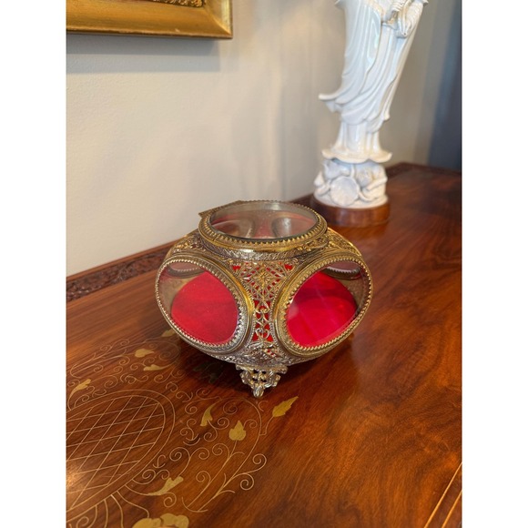 Other - Vintage Ormolu Jewelry Casket Red Velvet Beveled Glass Box